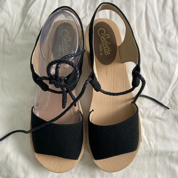 Sedette Sandal Co. Black Canvas & Wood Platform Wedge Retro Sandals Size 9.5 - Picture 9 of 11